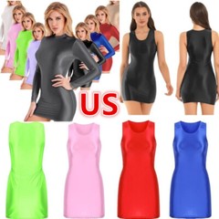 US Womens Glossy Bodycon Mini Dress Oil Shiny Sheer Pencil Dress Sexy Clubwear