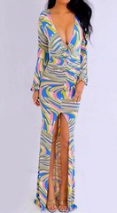 Pink Yellow Blue Long Sleeve V Neck Long Maxi Dress M Medium NEW