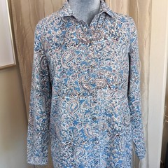 Boho Kalamkari Maxi Shirt Dress S Blue Paisley Cotton Duster Slits Pockets L/S