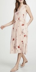 Vince Womens Tossed Poppy Pink V Neck Pleated Midi Sleeveless Dress Size Large