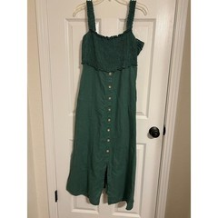 Zara Green Linen Blend Smocked Button Down Midi Dress Large Forest Green