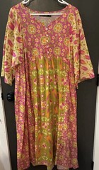 Gudrun Sjoden, Scandi Floral Midi Dress Pink Green organic Cotton Woven V-Neck