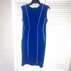 Shelby & Palmer Blue Sheath Dress 8 Sleeveless Knee Length Round Neck Piping