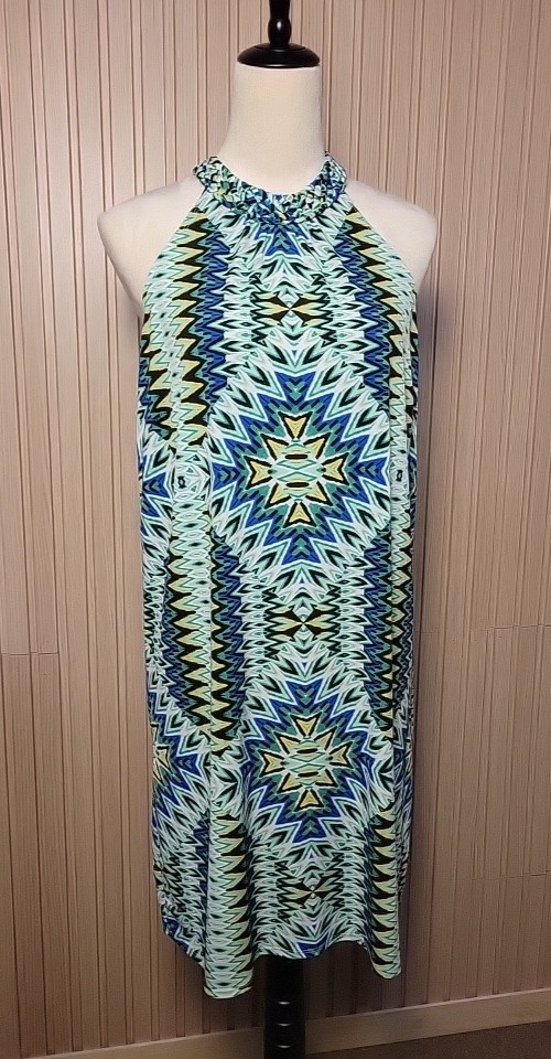 Laundry by Shelli Segal Halter Neck Shift Dress Blue Green Geo Print Size M
