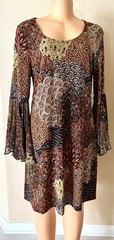 MSK Peacock-print Sheer-Bell-sleeve Multicolor Stretchy-Fabric Shift Dress M