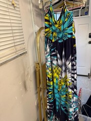 Boston Proper NWT Tropical Print Dress Ruched Bodice Navy Blue Size S
