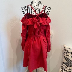 Marissa Webb Collective Red Ruffle Off The Shoulder Belted Linen Mini Dress- S