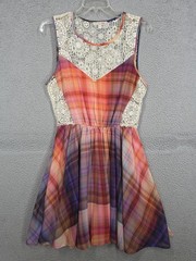 Plaid Fit And Flare Dress Medium GB Crochet Trim Orange Purple Sundress Knee Lgt