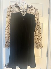 PERHAPS U Womens Black Polka Dot Mesh Velvet Bow Long Sleeve A Line Mini Dress