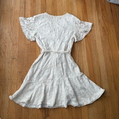 White Lace Fit & Flare Belted Wrap Dress Sz L Boho 90&rsquo;s Y2K Indie Cottage Bridal