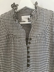 NWOT Pomander Place Brown White Gingham Linen Cotton Babydoll Puff Sleeve Sz L