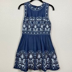 J.O.A Embroidered Denim Dress Open Back Boho Fit Flare Mini S