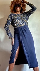VIRGOS LOUNGE NAVY BLUE SEQUINS EMBELLISHED LONG SLEEVES LONG MAXI DRESS SIZE:10