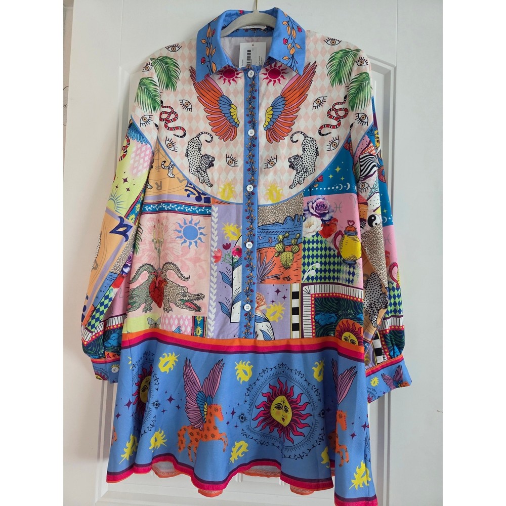 Endless Moon Patchwork Satin Mini Dress NWT Celestial Vacation Shirt Tunic S