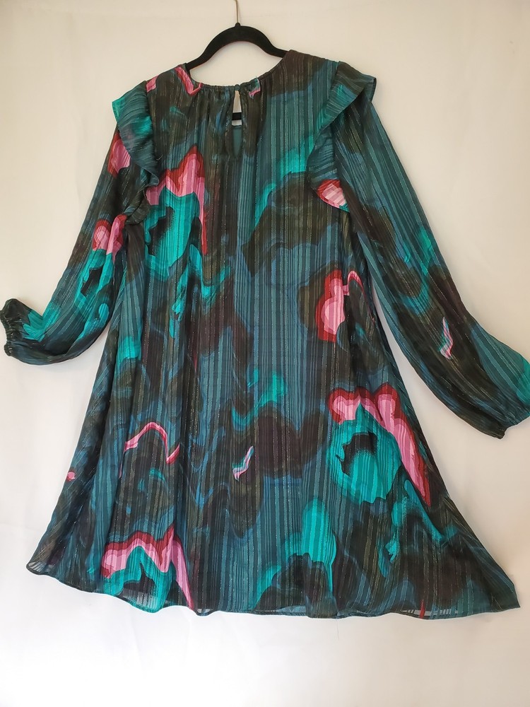 🎉NINE WEST🎉 Green, Black & Pink A-line/Flared Colorful Art Party Dress Sz Lg
