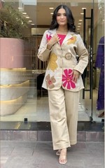 Women 3Pc Cotton Flex Co-Ord Set Blazer Jacket Top Pant Set Etnic Daily Wear
