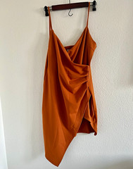 Wanna This Orange Solid Cowl Neck Ruched Asymmetric Slip Dress Womens L