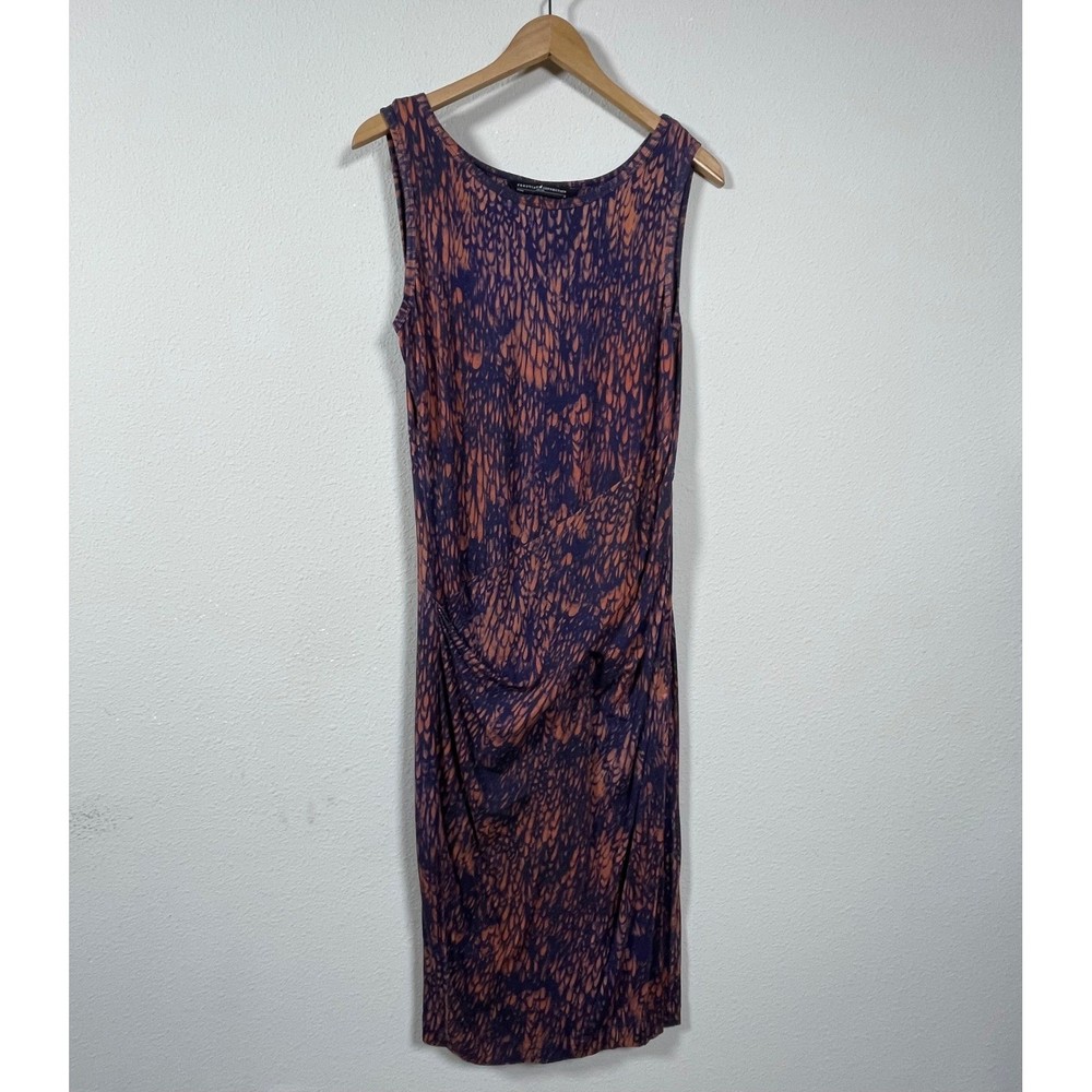 Peruvian Connection Sheath Dress Women M Purple Orange Ruched Abstract Midi Boho