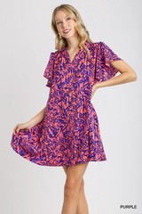 Umgee Purple Two Tone Ruffle Split Neck A-Line Short Dress with Ruffle Sleeves