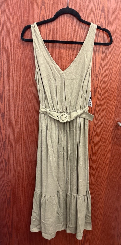 Nine West Sz Small NWT Linen Blend Sleeveless Tiered Midi Dress Safari Green