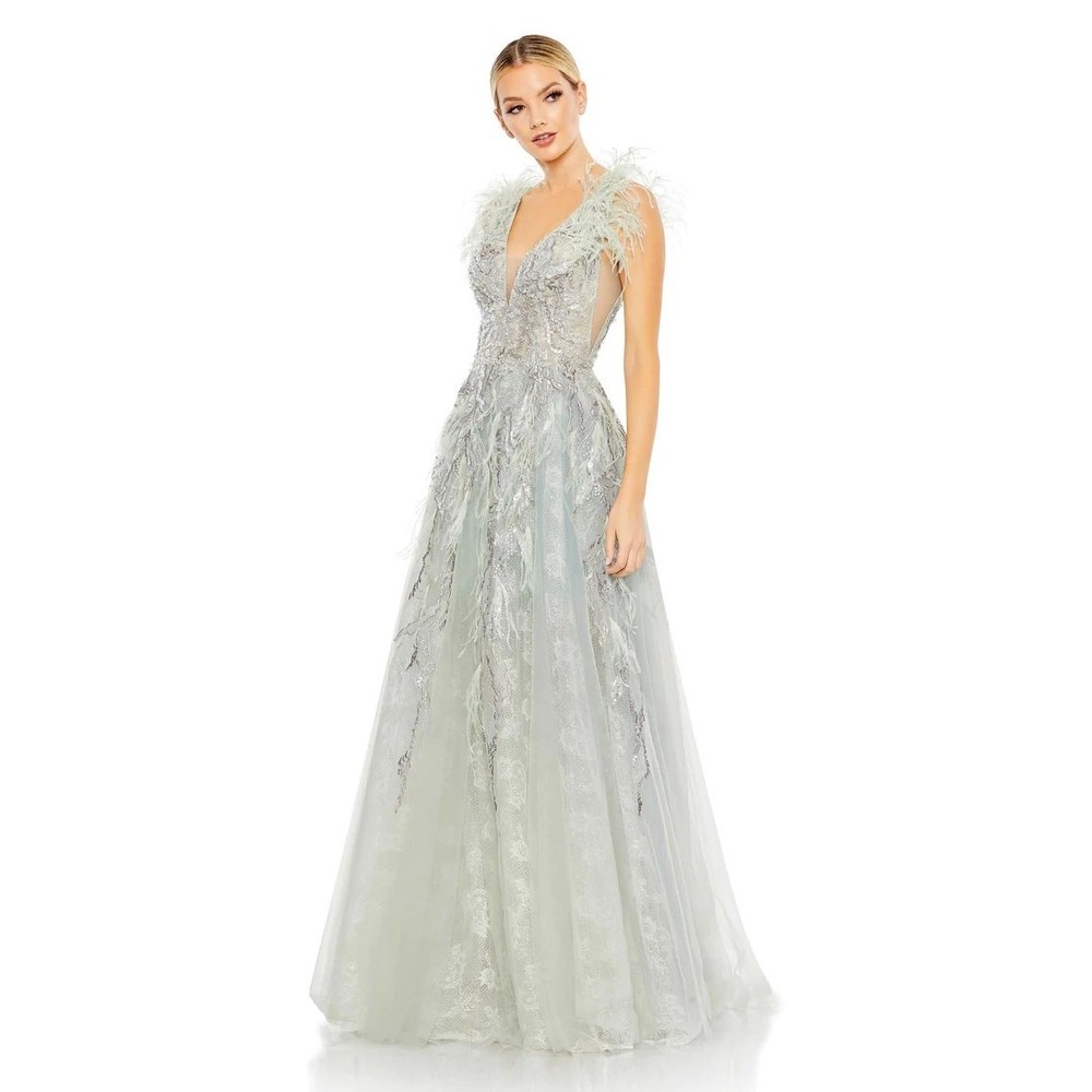 Mac Duggal 20259 Embellished Feathered Sleeveless A-Line Gown in Seamist 4