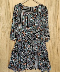Loralette Multicolor Geometric Print Boho Dress Tie Waist Ruffles Wmns Sz 14 Nwt