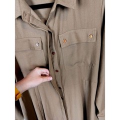 Brown Crepe Utility Midi Shirtdress Tan Wardrobe Polyester Pocketed Long Sleeve