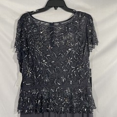 NWT $218 Pisarro Nights Beaded Mesh Mock Gown in Slate [SZ 14 ] #G931