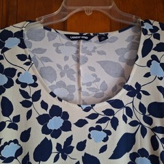 Lands End Dress, 3/4 sleeve, 2X, cream, navy, powder blue print; fake wrap front