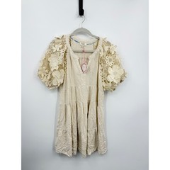 NWT Umgee R0987 Floral Crochet Lace Sleeve Linen Blend Dress Womens M Beige
