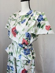 Vintage 1980s Halmode Plus Cotton White Floral Print Peplum waist sash belt 16W
