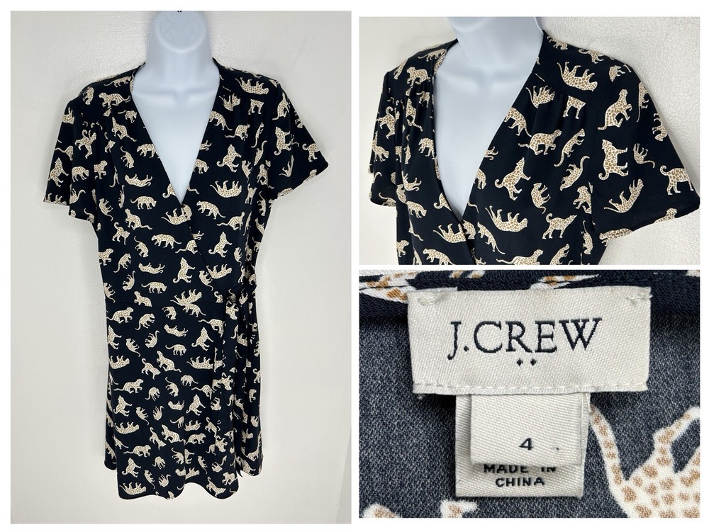 J. Crew Navy Blue Leopard Cat Print Wrap Dress Size 4 Animal Career Office