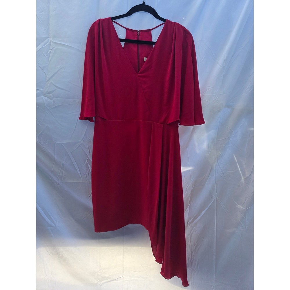 Halston RED Asymmetrical Draped Cape Sleeve Cocktail Dress 12 SGE153031