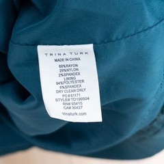 Trina Turk Mini Dress 10 Teal Mock Neck Bishop Sleeve Retro Classic Preppy