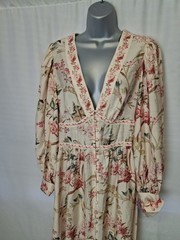 H&M Women&rsquo;s Midi Dress Cream Floral Print Festival Boohoo Size UK12 Medium E5443