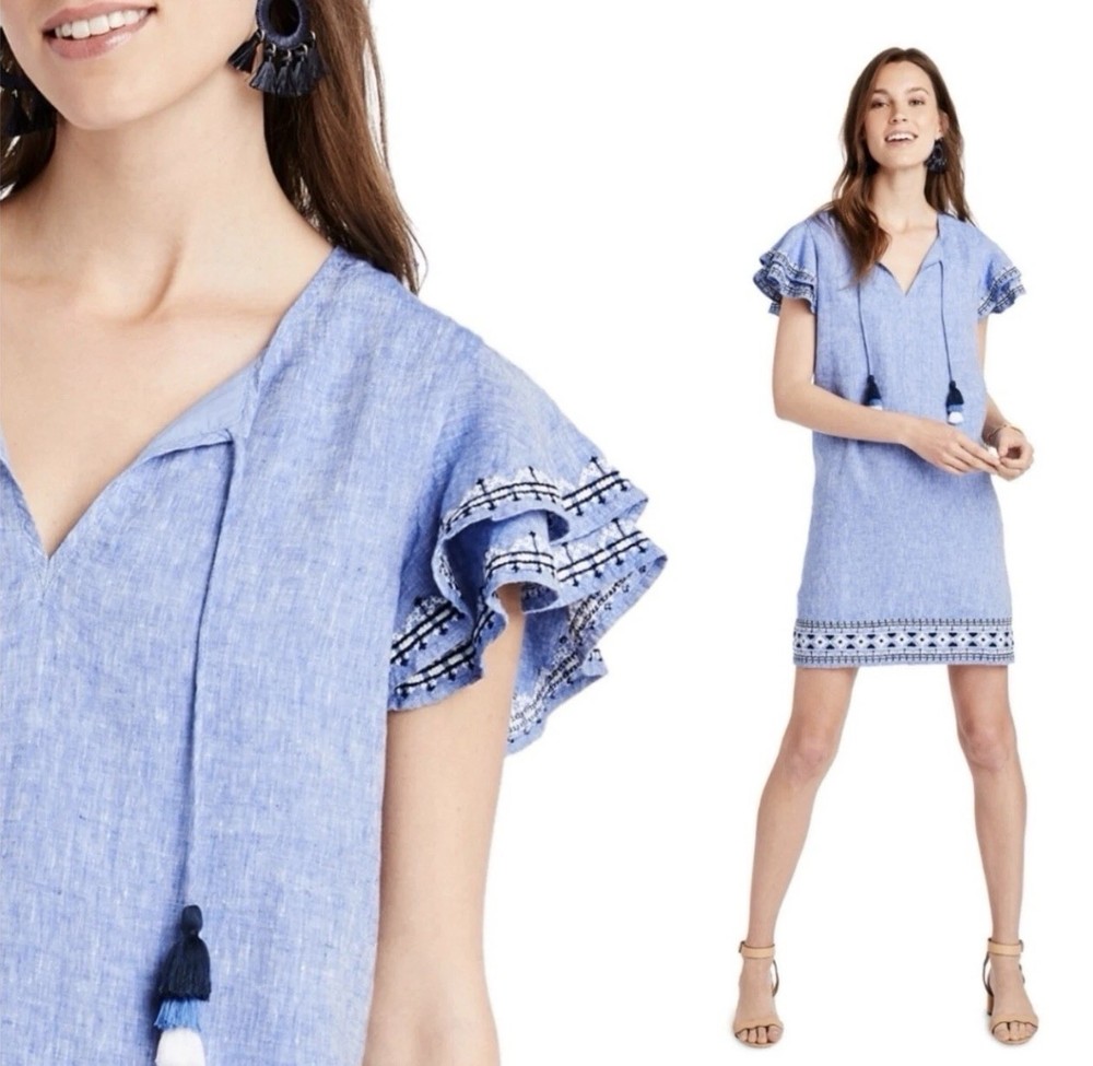 Vineyard Vines Embroidered Flutter Sleeve Linen Pull On Dress SZ Medium Coastal