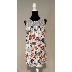 Womens Floral Swing Dress Sm Sleeveless Lace Yoke White Boho/Cottagecore Dress
