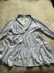 Zara Women Striped 3/4 Sleeve A-Line Mini Short Dress Blue White Size XL