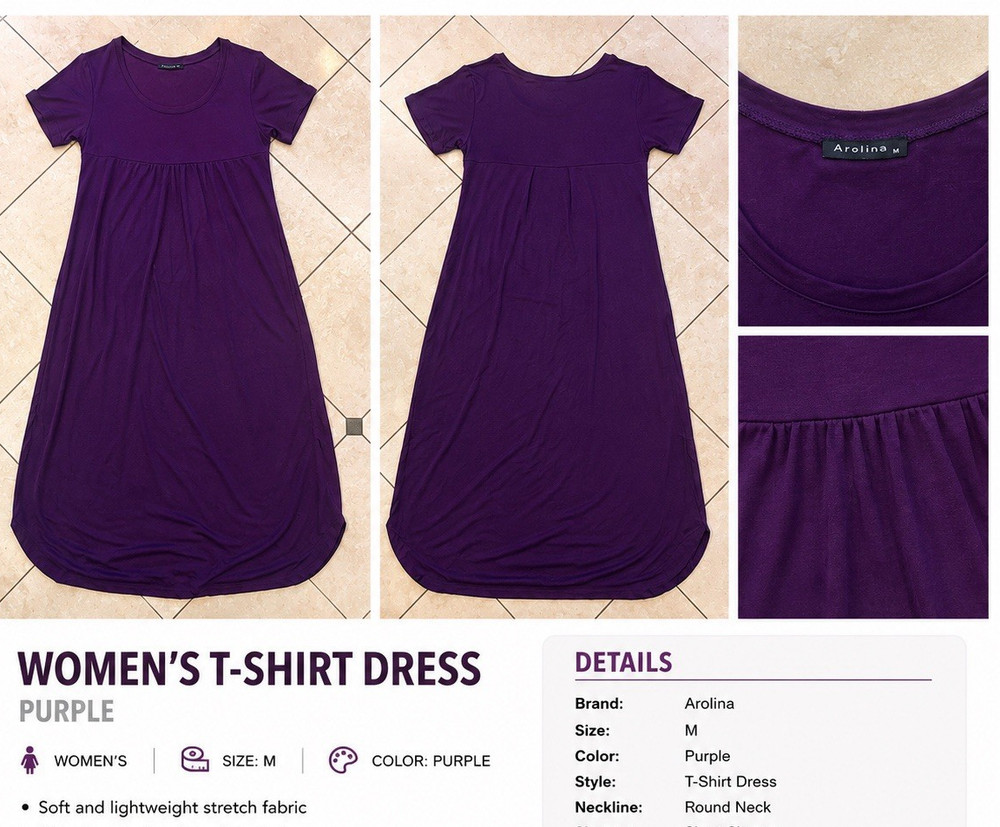 Arolina Purple T-Shirt Dress M Short Sleeve Round Neck Midi Empire Waist