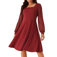Seta T Women Long Sleeve Swiss Dots Square Neck Knee Length Elegant