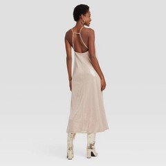 A New Day Women&rsquo;s Sequin Midi A-Line Dress Halter Neckline Side Slit Tan XS