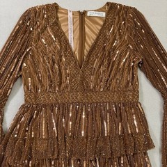Mac Duggal 5442 Copper Size 10 Embellished Bell Sleeve Tiered V-Neck Gown NWT