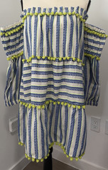 Anthropologie White Blue Green Striped Off Shoulder Pom-Pom Cotton Mini Dress S