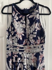 R&M Richards High-Low Floral Gown Womens Size 6 Navy Silver Rhinestone Dress NEW