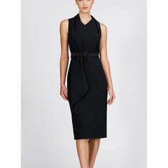 Kay Unger Annika Midi Dress Black Belted Sheath Scarf Neck Size 6