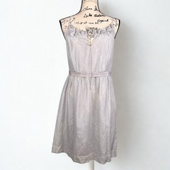 Loft Shift Dress Gray Cotton Silk Blend Rosette Accents Ribbon Waist Summer Twee