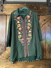 Andree by Unit Green Boho Embroidered Button Up Mini Dress Size 2XLg