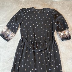 Vintage Floral Midi Dress Womens Size 10 Black Sheer Belted Puff Sleeve 70s 80s