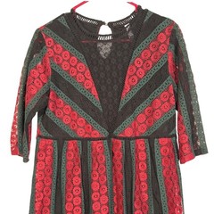 Xhilaration Womens Dress Red Green Lace 3/4 Sleeve Keyhole Back Boho ArtsyLarge
