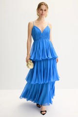 Ieena For Mac Duggal Thin Strap Tiered Chiffon Gown Size 4 Blue Romantic